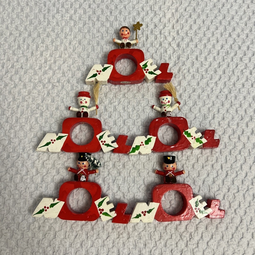 Vtg‎ Vera Neumann Napkin Rings Wood Christmas Holiday Hand Painted Tablescape